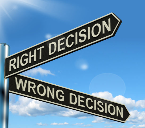 Right Or Wrong Decision Signpost Shows Confusion Outcome And Counceling