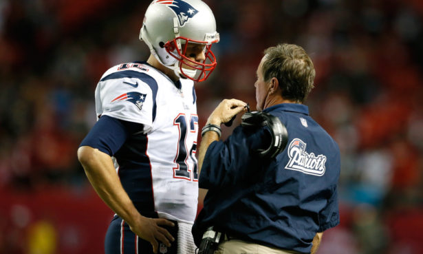 ATLANTA, GA - SEPTEMBER 29:  Tom Brady #12 of the New England Patriots converses with head coach Bill Belichick during the game against the Atlanta Falcons at Georgia Dome on September 29, 2013 in Atlanta, Georgia.  (Photo by Kevin C. Cox/Getty Images)